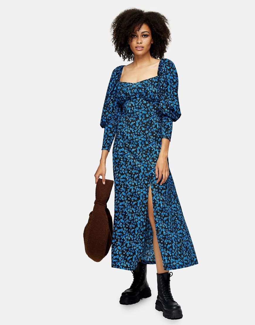 Topshop milkmaid midi dress in blue | ASOS (Global)