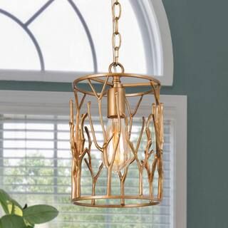 LNC Vintage Gold Drum Brass Pendant Light with Branch Design, 1-Light Geometric Cylinder Kitchen ... | The Home Depot