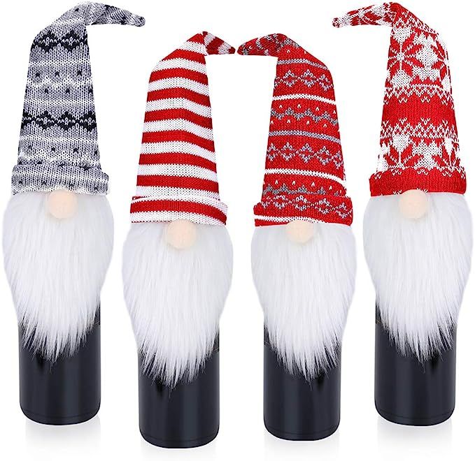 Gnome Wine Bottle Covers, 4 Pack Handmade Tomte Swedish Gnome Wine Bottle Toppers Decorative Sant... | Amazon (US)