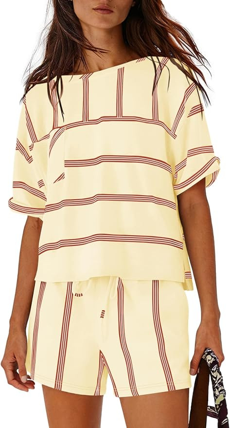 Nirovien Womens Striped Lounge Set 2 Piece Vacation Outfits Short Sleeve Tops and Drawstring Shor... | Amazon (US)
