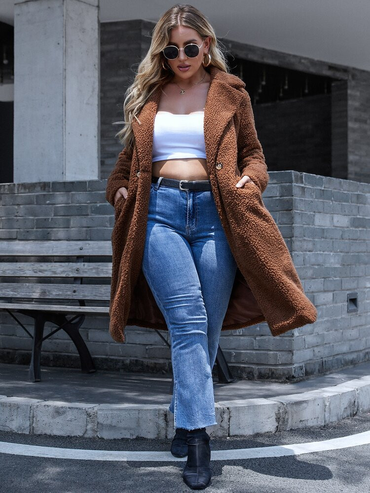 Plus Slant Pocket Open Front Teddy Coat | SHEIN
