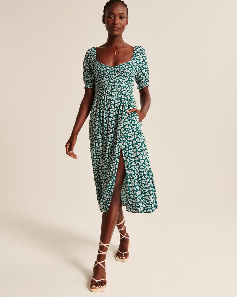 Women's Short-Sleeve Smocked Midi Dress | Women's Dresses & Jumpsuits | Abercrombie.com | Abercrombie & Fitch (US)