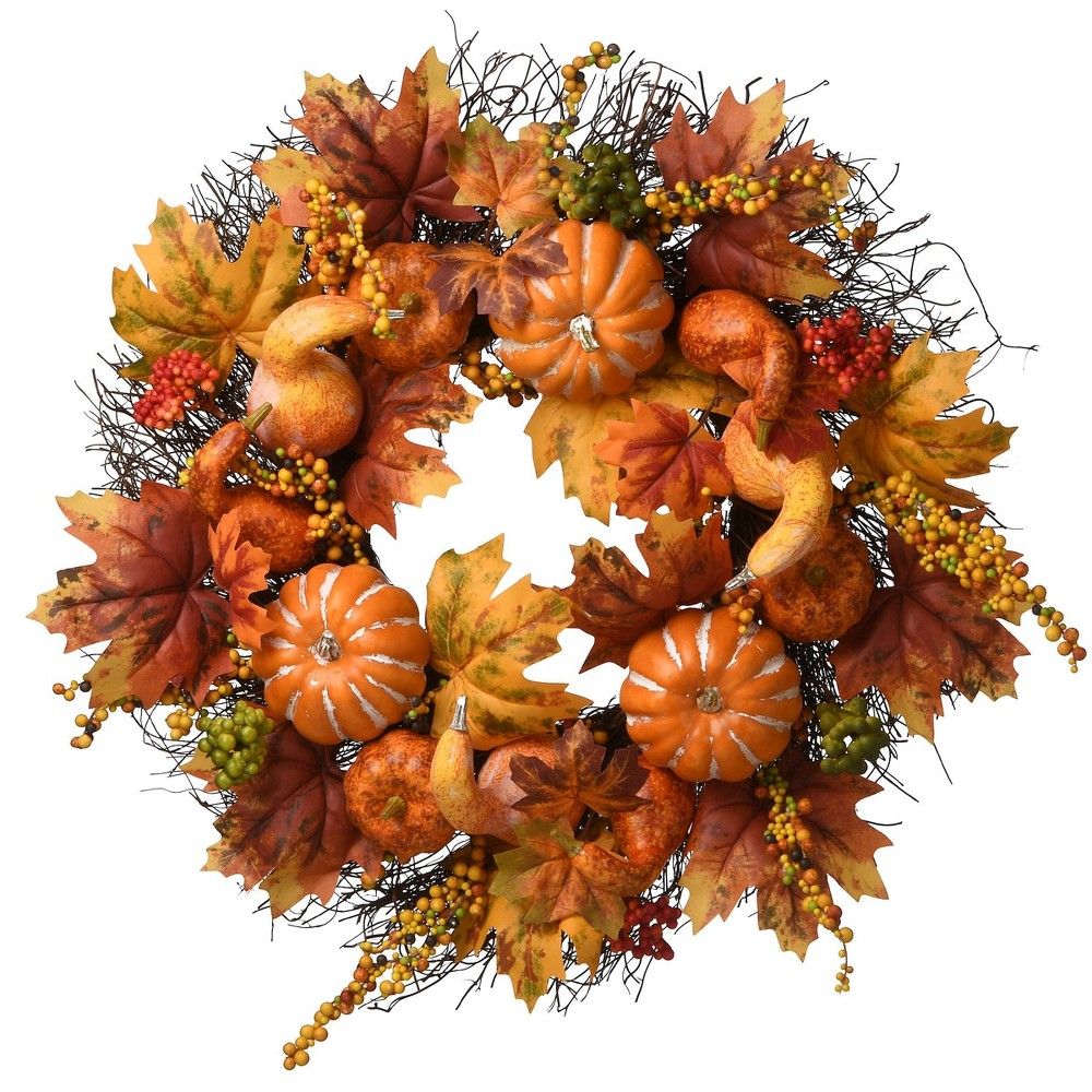 22" Pumpkins & Maple Leaves Harvest Halloween Wreath - Orange | Target