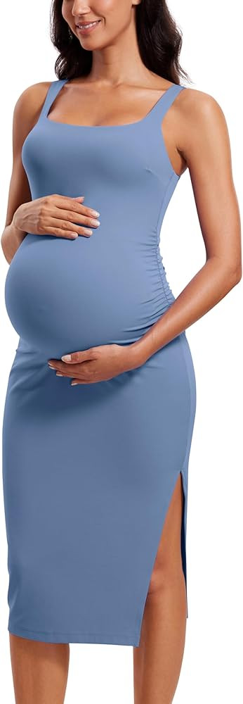 CRZ YOGA Butterluxe Maternity Square Neck Midi Dress - Split Ruched Tanks Womens Pregnancy Bodyco... | Amazon (US)