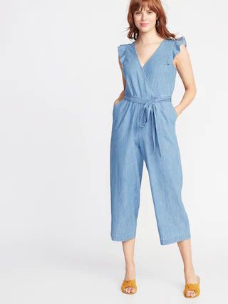 Chambray Faux-Wrap Tie-Belt Jumpsuit for Women | Old Navy US