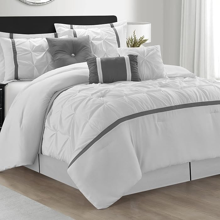 LANCO MODERN LIFESTYLE White Grey Comforter Set, Queen, 7 Piece Bed in a Bag, Microfiber Handcraf... | Amazon (US)