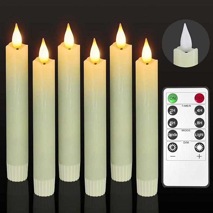 PChero Flameless Flickering Taper Candles with Remote Timer and Dimmer, 6.4 Inch Real Wax Ivory L... | Amazon (US)
