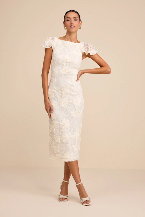 Kenna Ivory Lace Flutter Sleeve Midi Dress | Lulus