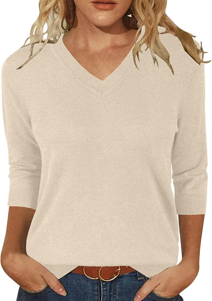 JomeDesign Womens Sweaters 3/4 Sleeve Pullover Tops V Neck Blouses Business Casual Fashion Clothe... | Amazon (US)