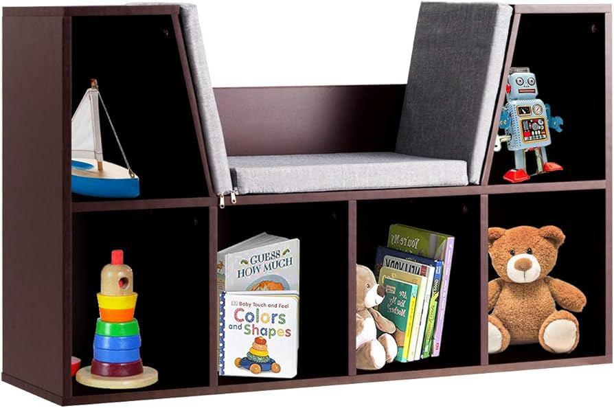 HONEY JOY Reading Nook Organizer with Seat Cushion, Kids Bookcase with Reading Nook, 6-Cubby Wood... | Amazon (US)