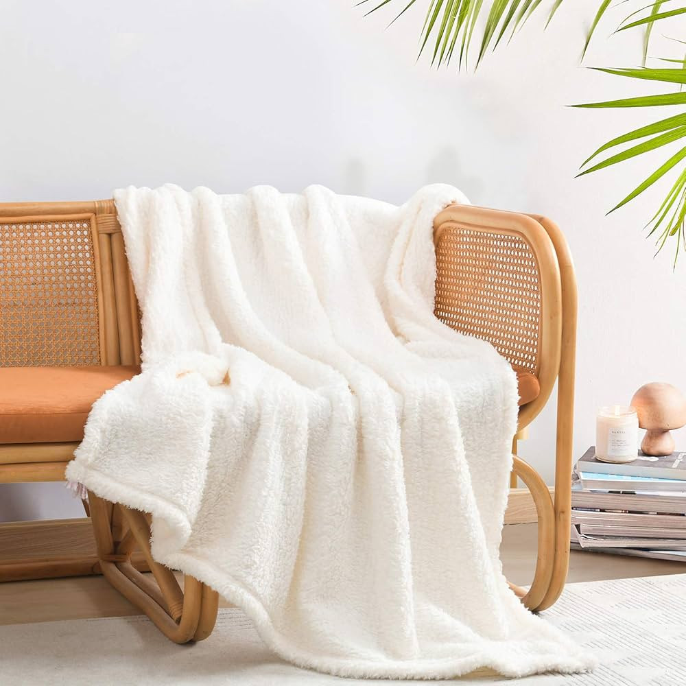 Ultra Soft Cozy Sherpa Throw Blanket, Solid Antique White Light Weight Warm Decorative Boho Style... | Amazon (US)