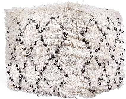 Creative Co-Op Moroccan Wedding Quilt Fringed Pouf with Geometric Sequin Detail, White | Amazon (US)