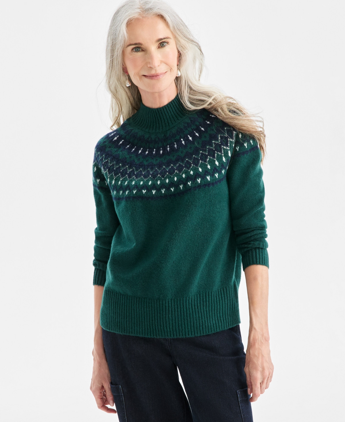 Style & Co Women's Mock-Neck Fair Isle Sweater, Macy's Exclusive - Pondarosa Pine | Macy's