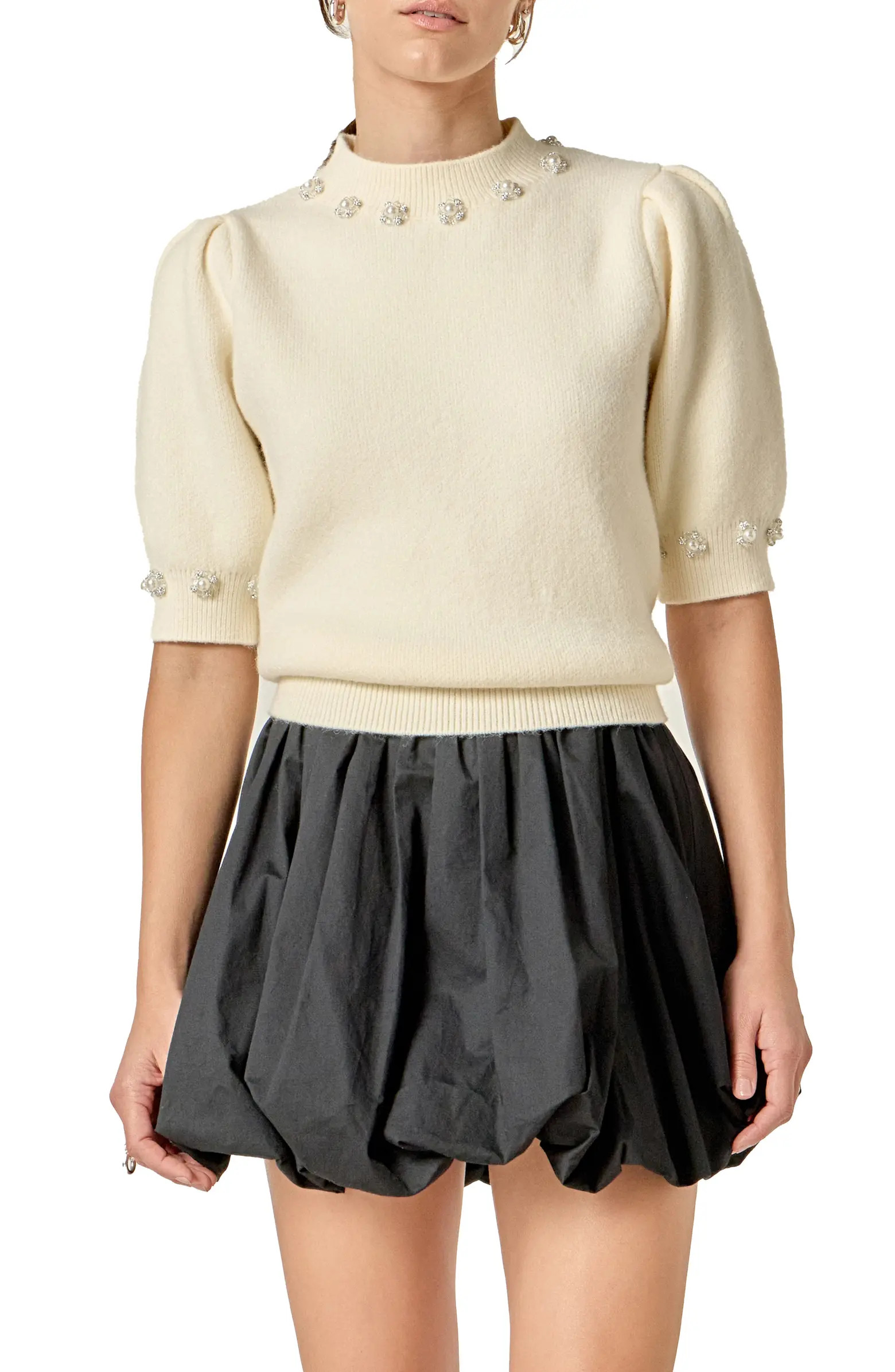Faux Pearl Embellished Short Sleeve Sweater | Nordstrom