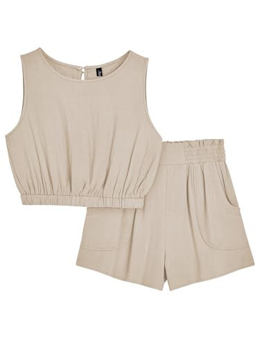 AUTOMET Vacation Summer 2 Piece Outfits Two Piece Sets Sleeveless Round Neck Crop Top Tank And High Waisted Shorts with Pockets Beige S | Amazon (US)