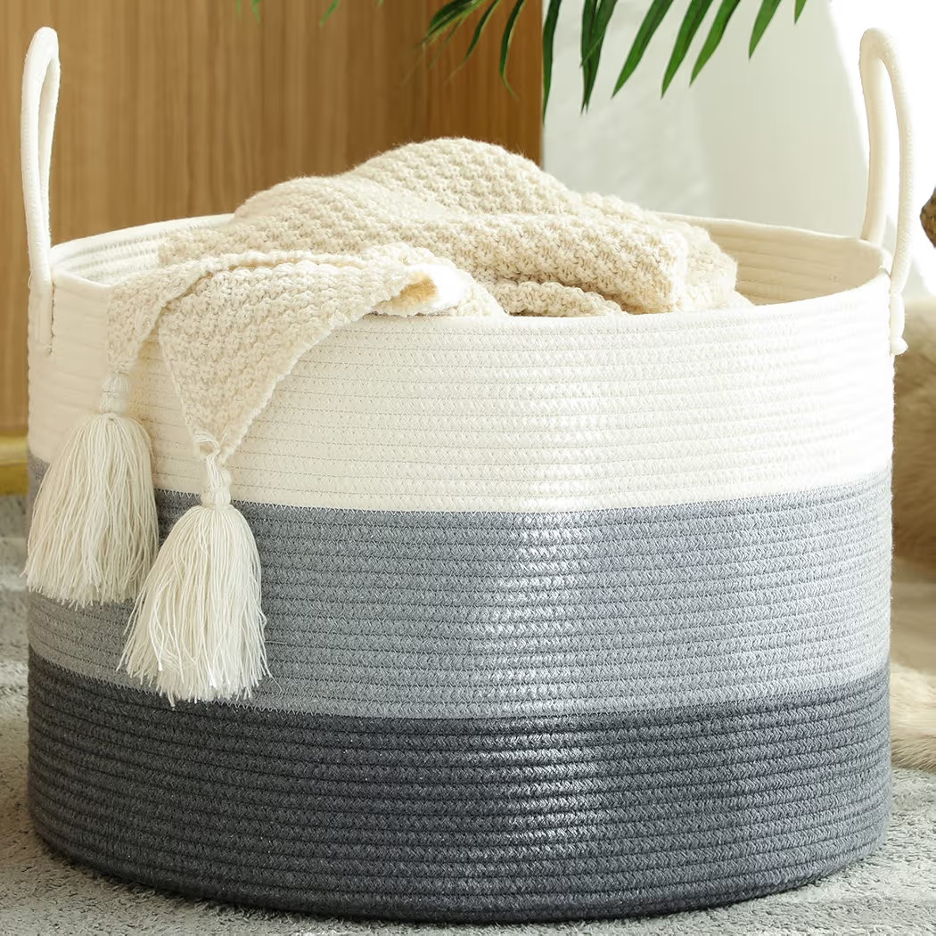 KAKAMAY Large Blanket Basket (20"x13"),Woven Baskets for storage Baby Laundry Hamper,Cotton Rope ... | Amazon (US)