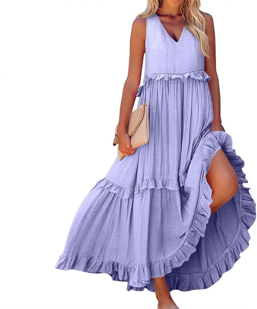 Plus Size Dresses for Curvy Women Summer Casual V-Neck Smocked Maxi Dress Loose Flowy Ruffle Sund... | Amazon (US)