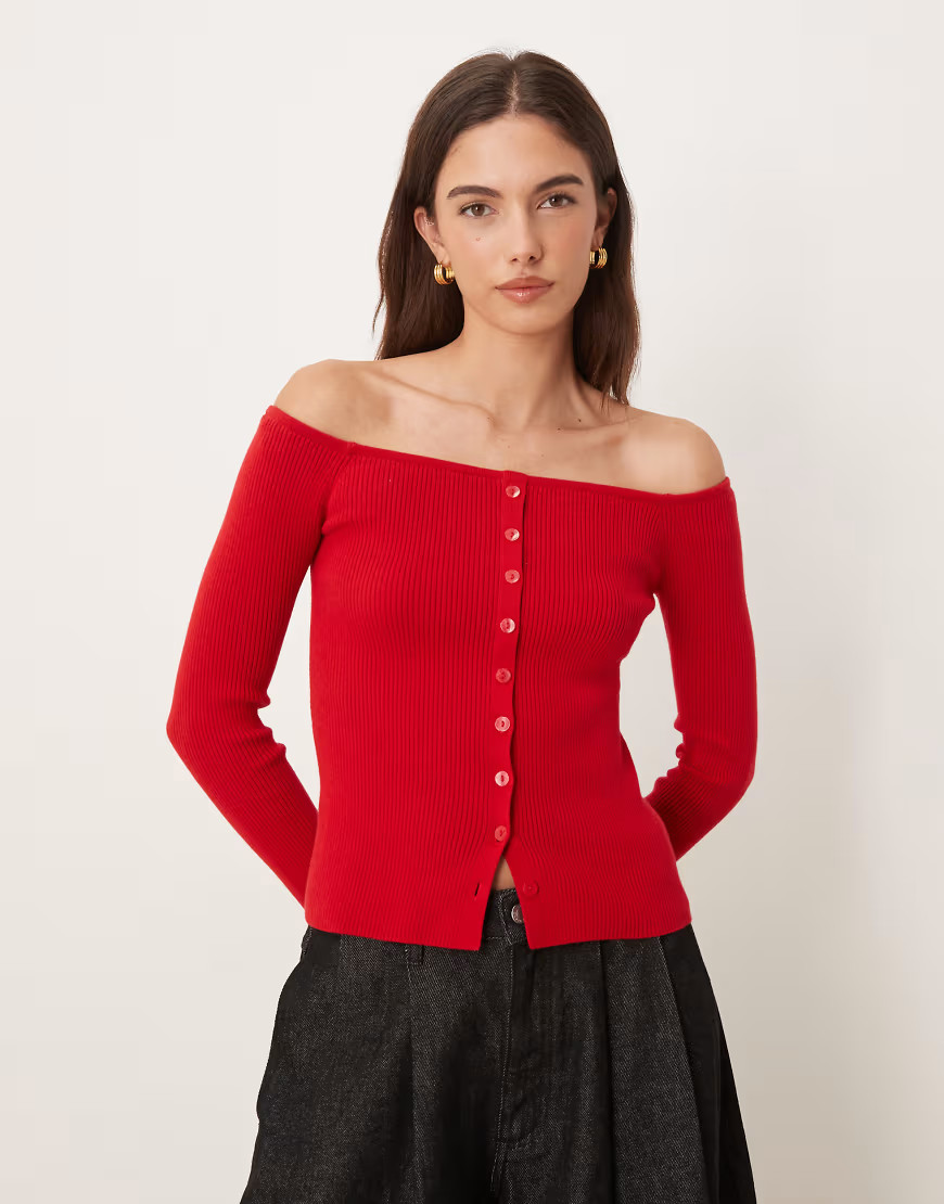 Abercrombie & Fitch button through off shoulder top in red | ASOS (Global)