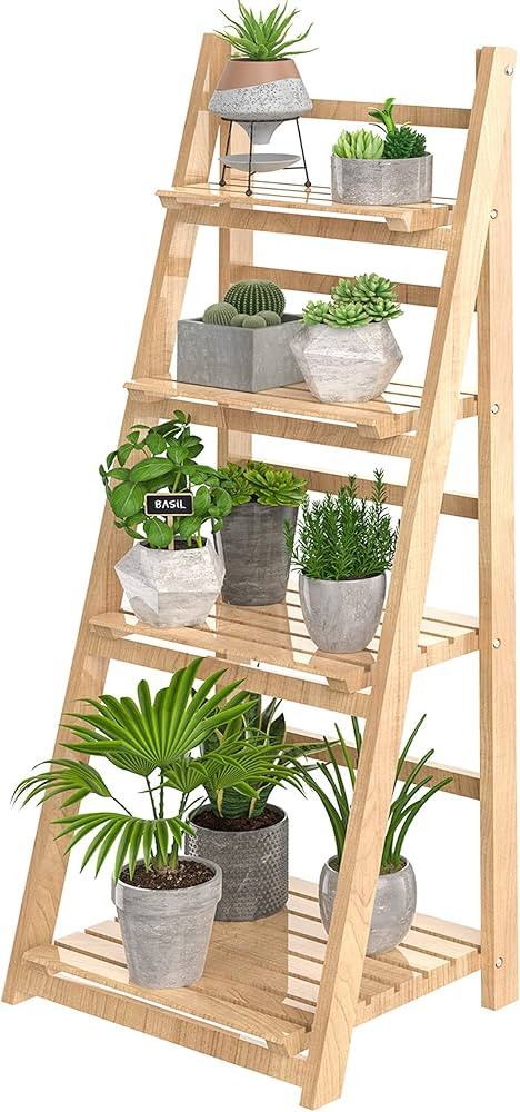 HOMIDEC Plant Stand, 4 Tier Wooden Ladder Shelf Foldable Display Flower Plant Stands, Free Instal... | Amazon (UK)