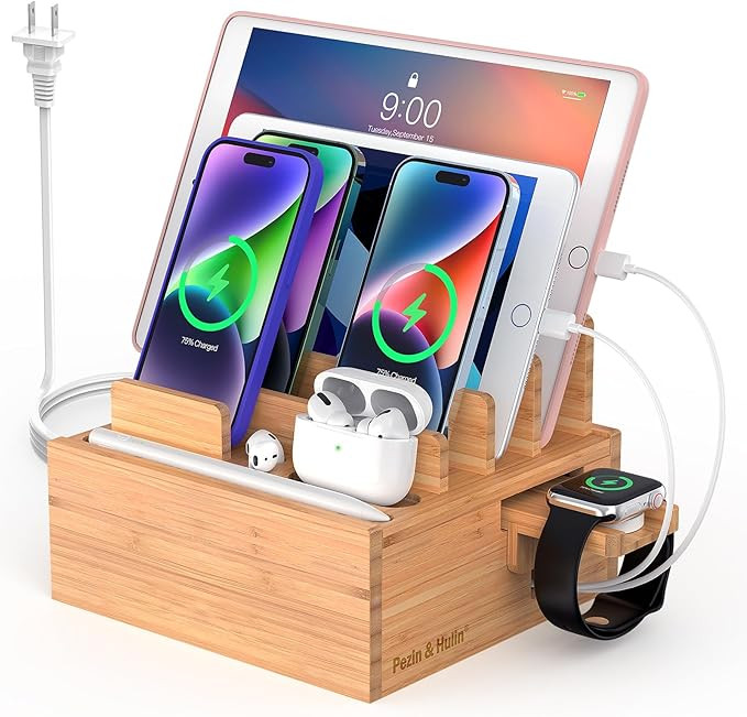 Pezin & Hulin Bamboo Charging Station for Multiple Devices Include 5 Port USB Charger, 5 Cables, ... | Amazon (US)