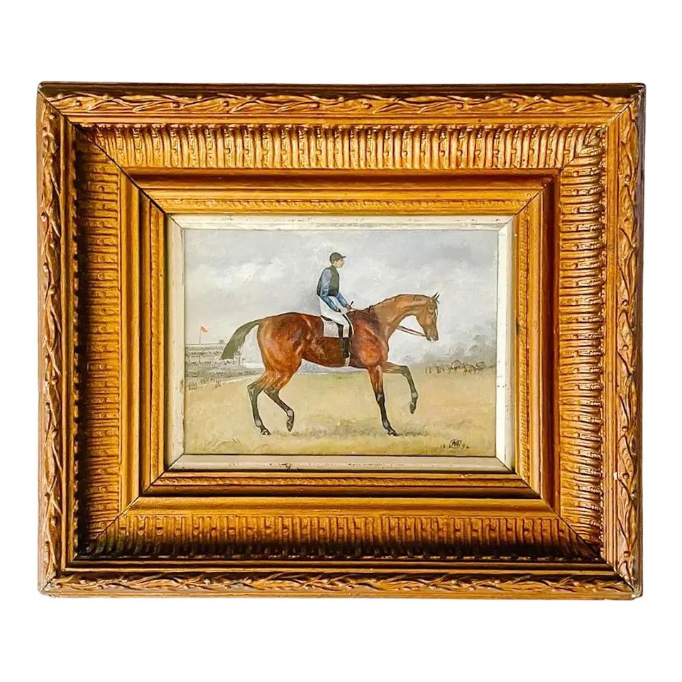 19th Century Jockey on Race Horse Oil Painting Framed Under Glass (1894) | Chairish