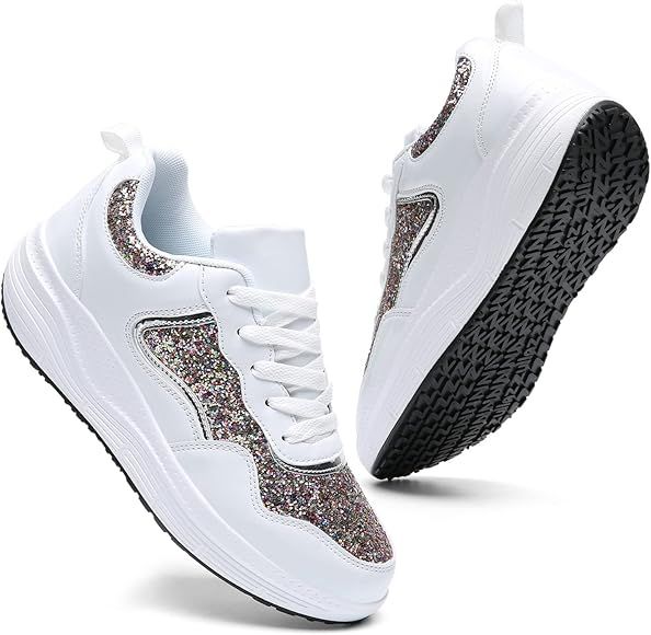 DADAWEN Women's Glitter Platform Wedge Athletic Tennis Walking Shoes Sparkly Sequin Lightweight N... | Amazon (US)