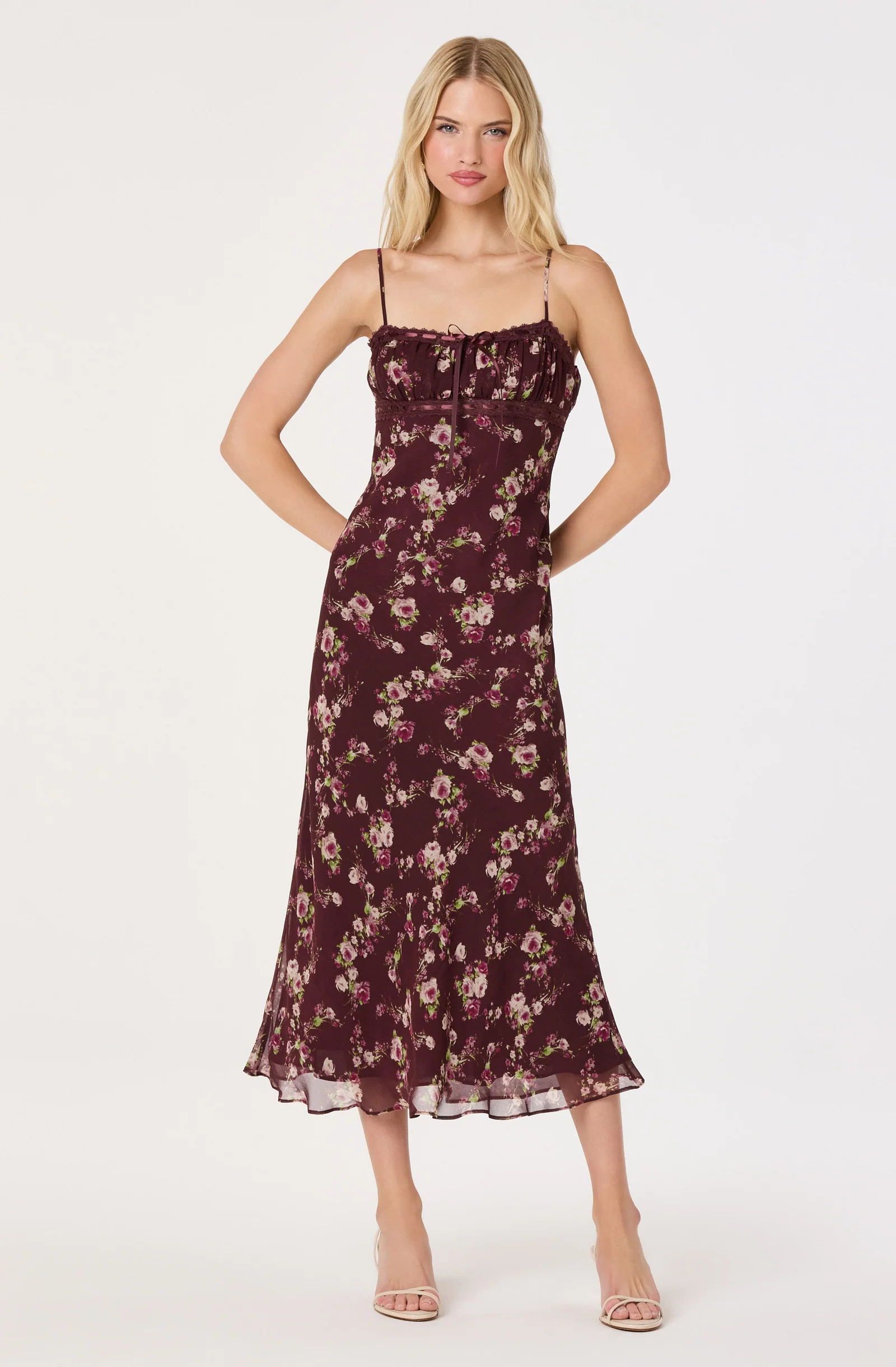 Abriana Chiffon Ruched Midi Dress - Wine floral / XS | ASTR The Label (US)