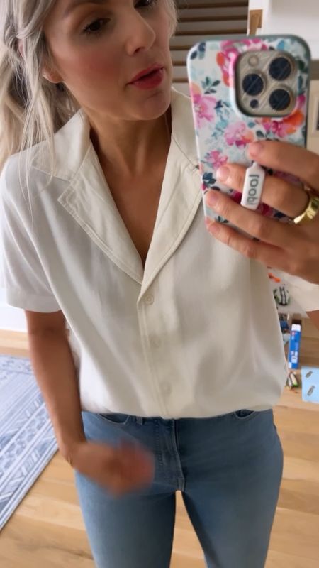 Get this $24 top as fast as you can and before it sells out! It’s currently for elite in stock and available in size is XS to XXXL And it comes in three colors. White, red, and a really pretty striped color. I’m wearing a size medium which is my normal size. It’s a really beautiful sort of linen type fabric or at least it feels that way. And it looks so so so expensive on. I could not love it more. I’m not kidding you I have shirts that look just like this from other brands that cost upwards of $100 and this one is just as good and only $24! Get it fast!

