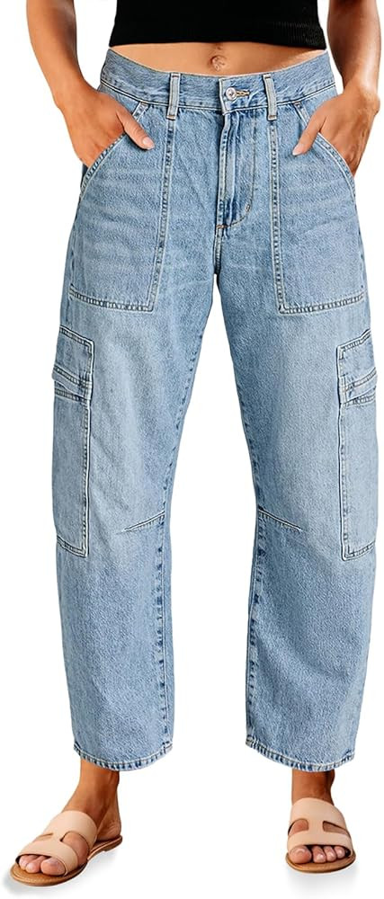 PLNOTME Womens Cargo Barrel Jeans High Waisted Boyfriend Baggy Denim Pants with 6 Pockets | Amazon (US)