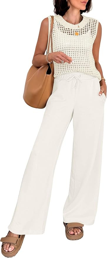 ANRABESS Women 2 Piece Summer Outfits 2026 Crochet Sweater Vest Wide Leg Pants Lounge Matching Se... | Amazon (US)