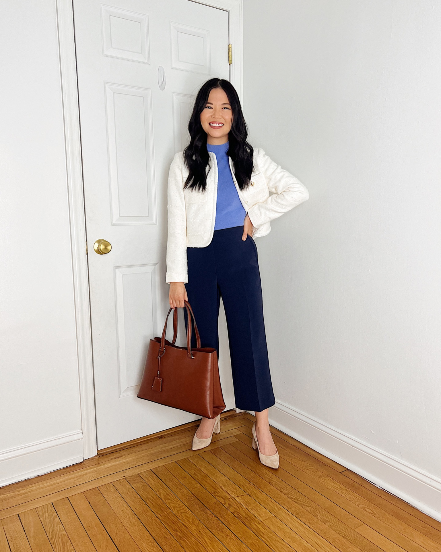 White jacket (2P)
White tweed jacket
Periwinkle top (XS)
Light blue top
Navy pants (4P)
Navy wide leg pants
Dark brown tote bag
Beige suede pumps
Business casual outfit 
Smart casual outfit 
Spring work outfit 
Spring outfit 
Ann Taylor outfit 
Teacher outfit

#LTKsalealert #LTKfindsunder100 #LTKworkwear