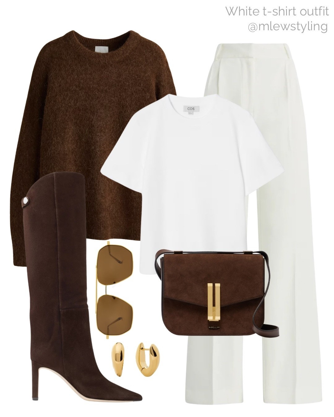 Elevated spring outfit with chocolate brown 🍫

Tags: COS white T-shirt, H&M mohair sweater, favorite daughter tailored trousers, white pants, Jimmy choo knee boots, aviator sunglasses, brown suede DeMellier bag, gold earrings, capsule wardrobe, neutral aesthetic 

#LTKSeasonal #LTKootd #LTKgrwm