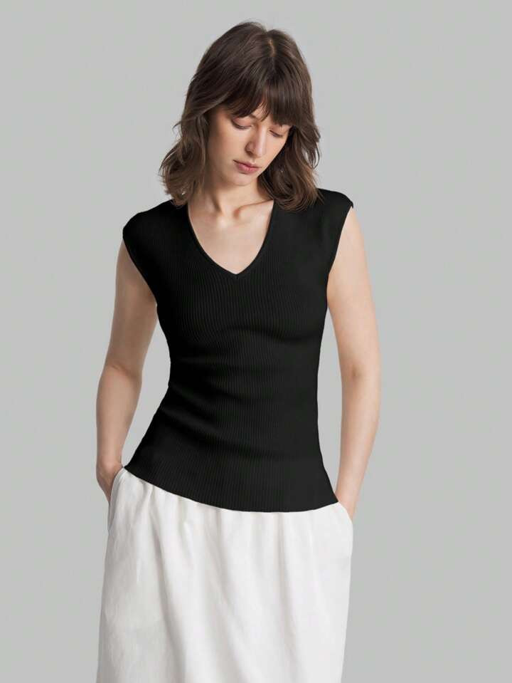 Ontre 2025 New Women White Spring Casual Vacation Slim Fit Solid Color Sleeveless Knit Versatile ... | SHEIN