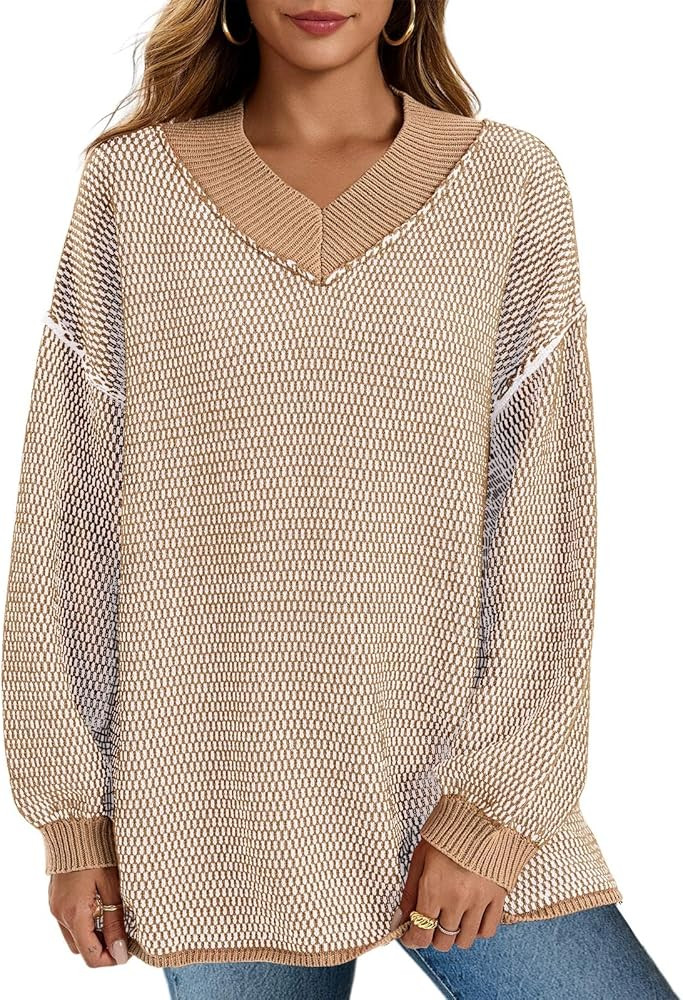 Saodimallsu Womens Oversized V Neck Sweaters Cable Knit Batwing Sleeve Drop Shoulder Tunic Tops | Amazon (US)