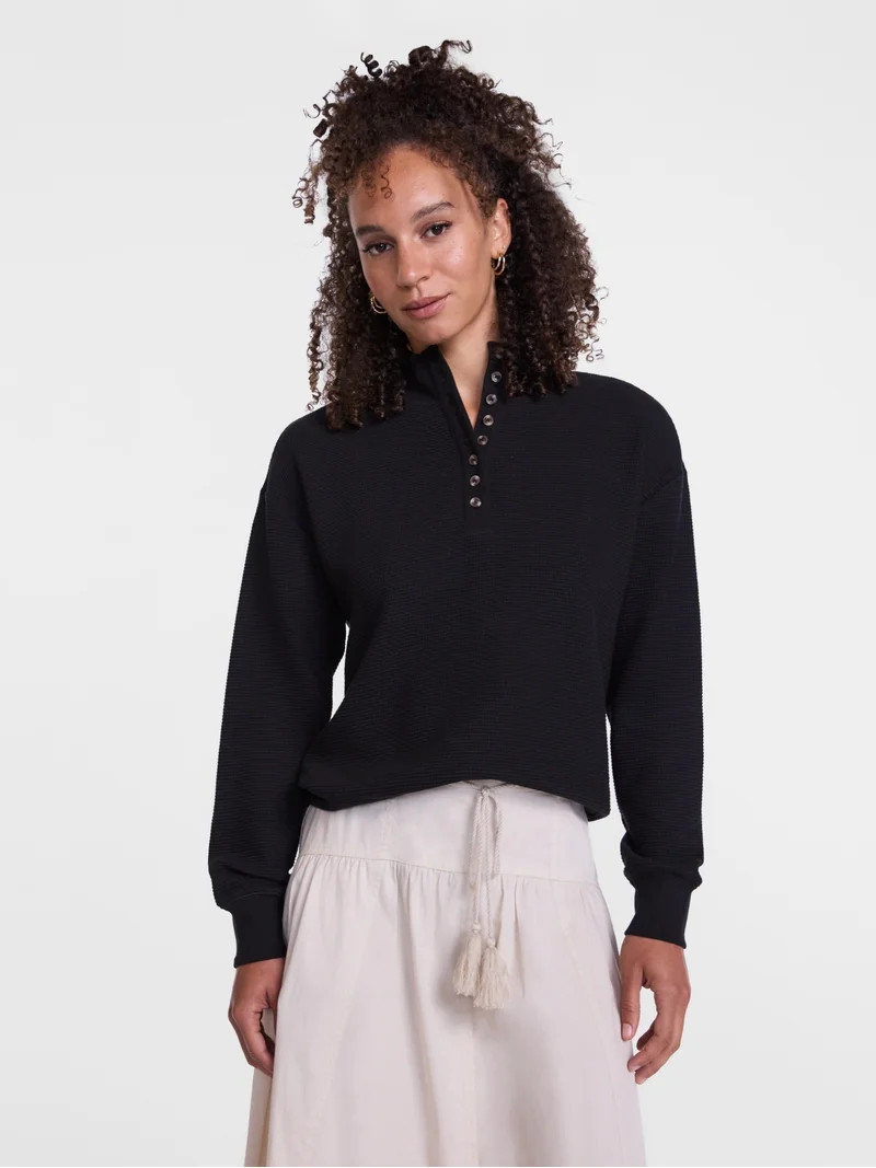 Scenario Women's and Women's Plus Waffle Knit Button Top with Long Sleeves, Sizes XS-4X | Walmart (US)