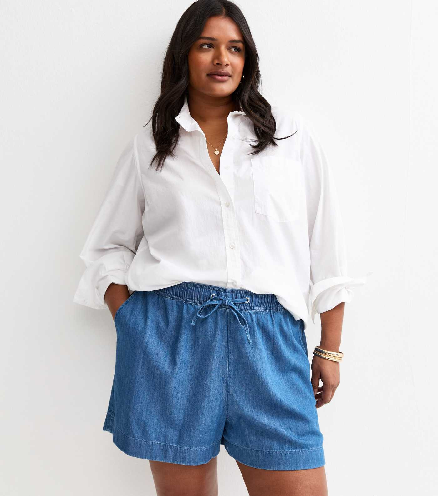 Curves Blue Denim Drawstring Shorts | New Look | New Look (UK)