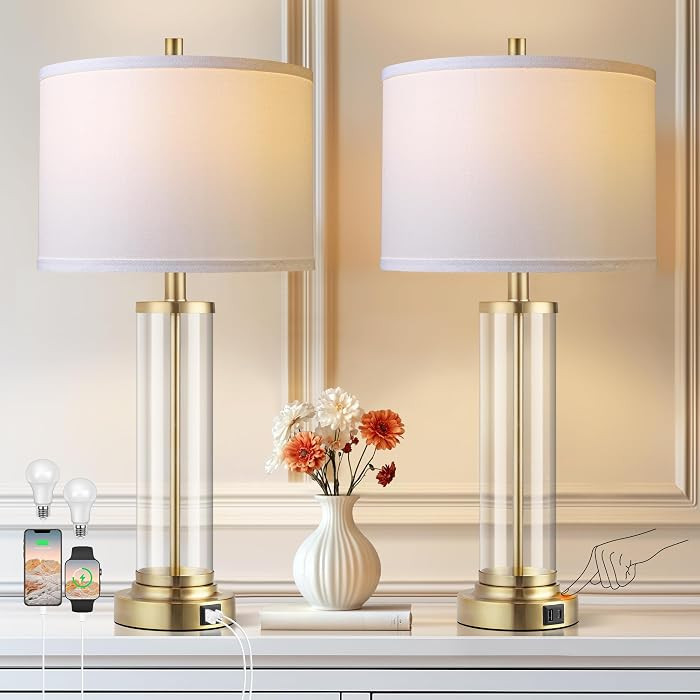 QiMH Lamps for Bedrooms Set of 2, Touch Control Table Lamps with USB A+C Ports, 3-Way Dimmable Be... | Amazon (US)