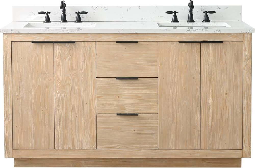 Brady 60-Inch (60") Mid-Century Bathroom Sink Vanity Set with Carrara White Top - Teak White | Amazon (US)