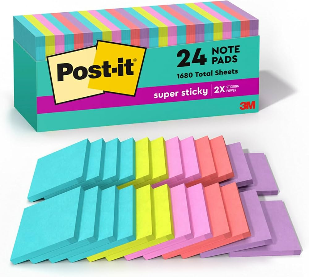 Post-it Super Sticky Notes, 76.2 mm x 76.2 mm, 24 Pads, 2x the Sticking Power, Supernova Neons, B... | Amazon (US)
