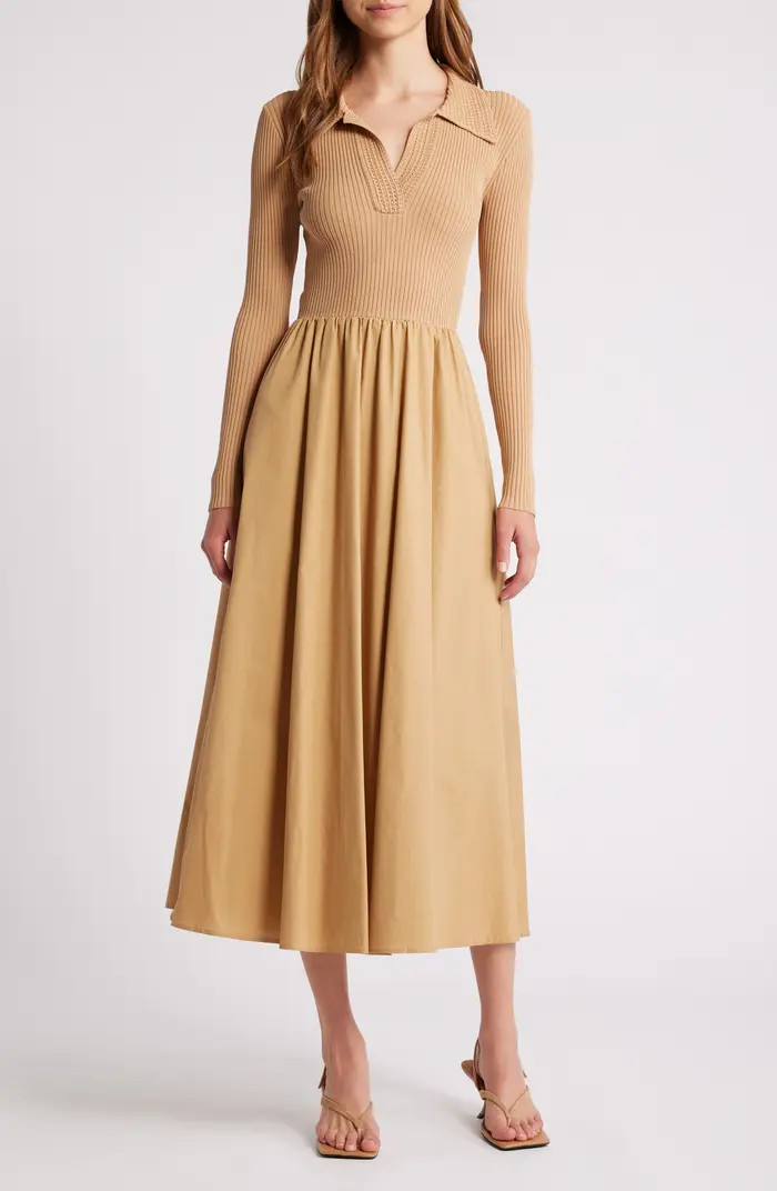 Mixed Media Long Sleeve Midi Dress | Nordstrom