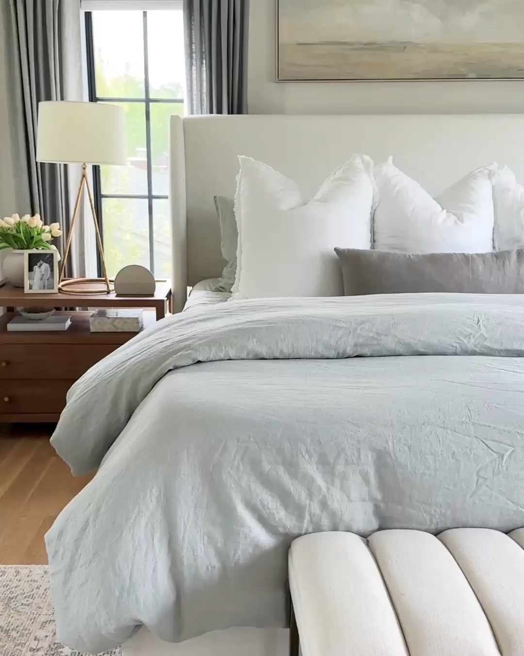 Sharing all of my timeless bedroom favorites! From the Wayfair Tilly upholstered bed in Zuma White to the blue-gray linen bedding, organic cotton blanket, Amazon linen Euro shams, brass table lamp, Pottery Barn whitewashed dresser, oversized coastal artwork, and my favorite muted vintage-style rug. The soft blend of blue-gray, beige, and ivory adds just enough pattern while keeping the room feeling calm, cozy, and collected.

#LTKSaleAlert #LTKHome