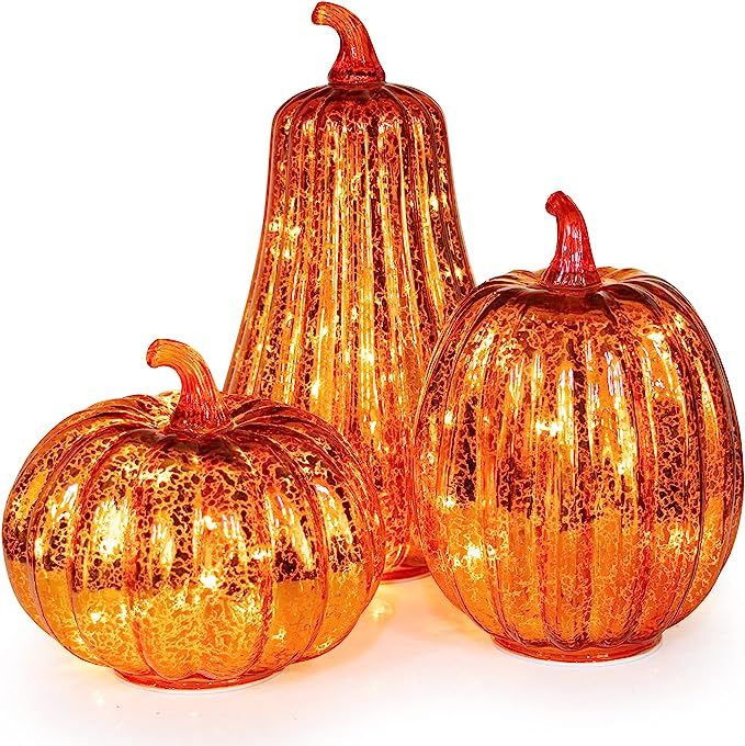 KI Store Glass Pumpkin with Lights and Timer Set of 3 Lighted Mercury Glass Pumpkins for Fall Hal... | Amazon (US)