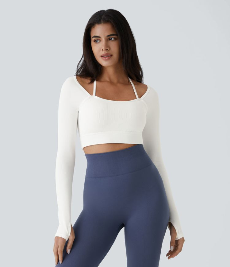 Women’s Ribbed Halter Strap Thumb Hole Cropped Yoga Sports Top - Halara | HALARA