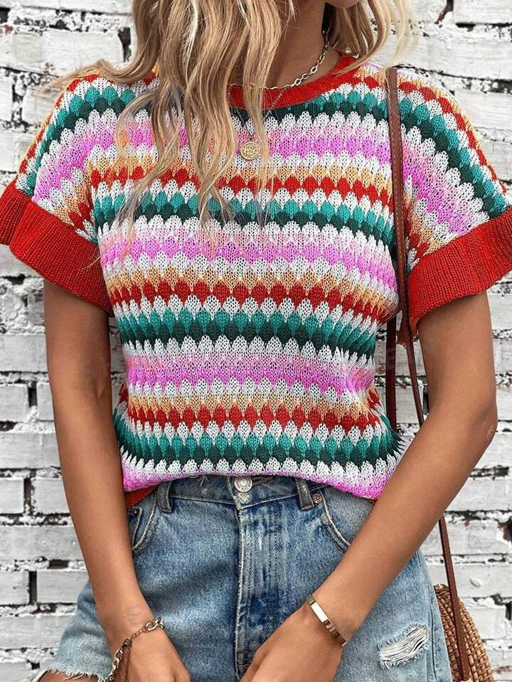 Trimmed Ruffle Sleeve Colorful Textured Sweater | SHEIN