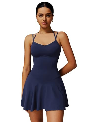 Tennis Dress for Women with Built in Shorts Spaghetti Straps 2-in-1 Ruffle A-line Active Yoga Golf Dress Navy Blue XL | Amazon (US)