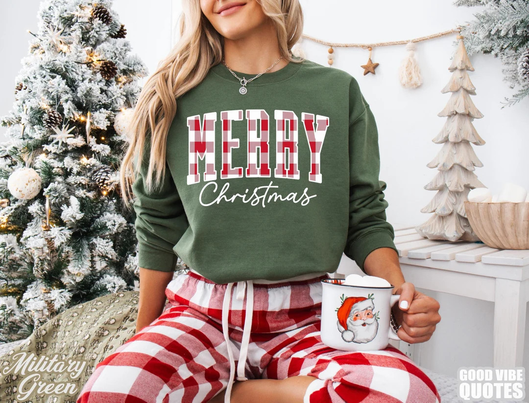 Merry Christmas Sweatshirt, Cute Buffalo Plaid Sweater, Christmas Family Crewneck, Winter Holiday... | Etsy (US)