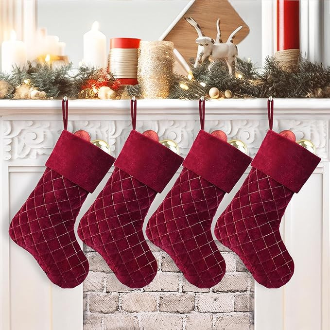Christmas Stockings 4 Pack Red Velvet Christmas Stockings with Quilted Cuff Large Luxury Xmas Sto... | Amazon (US)
