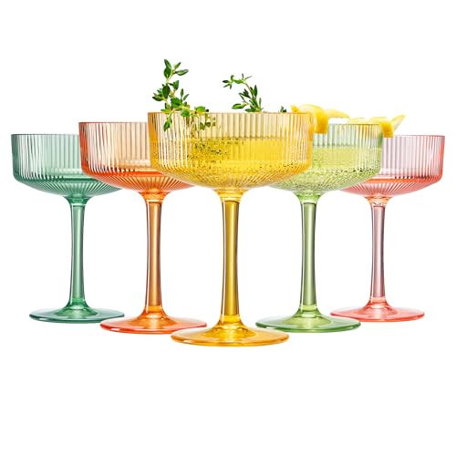 Khen Shatterproof Acrylic Ribbed Vintage Art Deco Martini, Champagne & Cocktail Spring & Summer Bright Pastel Colors Plastic Coupe Glasses | 5 Set | 8oz Ripple Classic Indoor & Outdoor, European Style | Amazon (US)