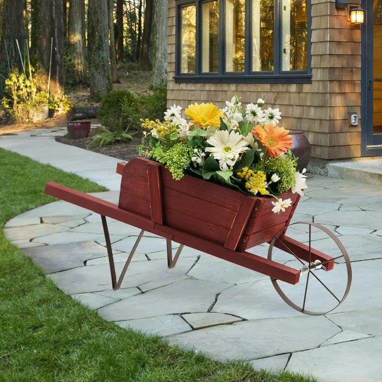 Costway Wooden Wagon Planter Decorative Indoor/Outdoor Rustic Flower Cart with Wheel Red | Walmart (US)