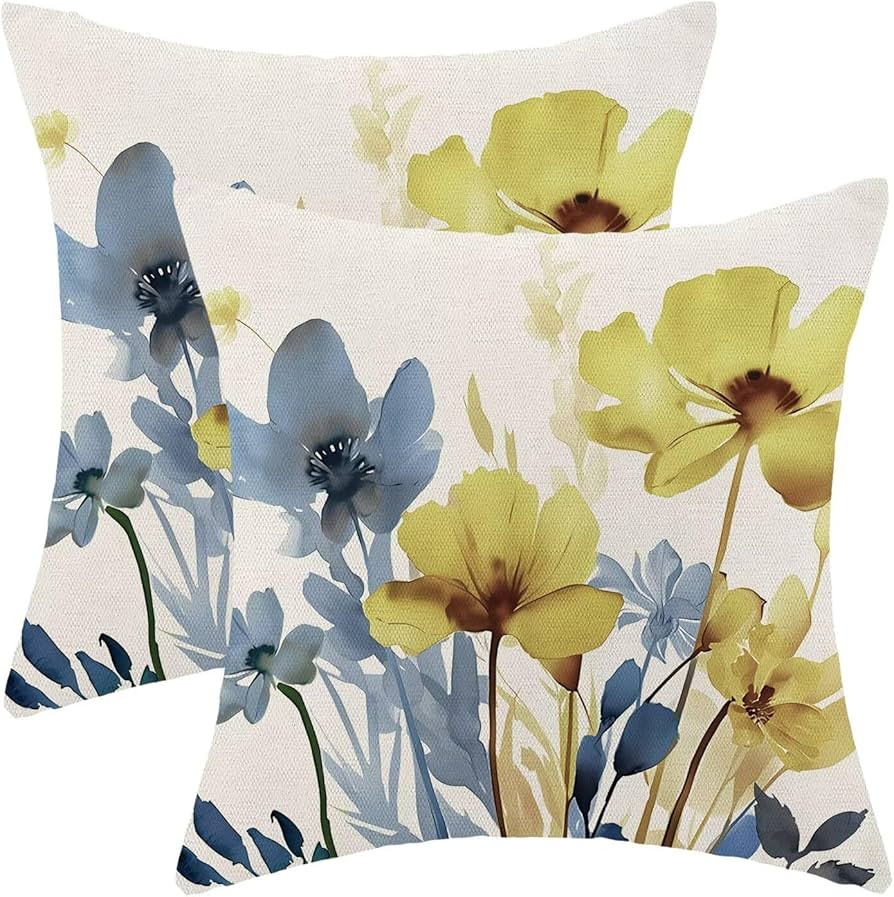 AEIOAE Yellow Blue Floral Pillow Covers 18 x 18 Inch Set of 2, Spring Watercolor Flower Decorativ... | Amazon (US)